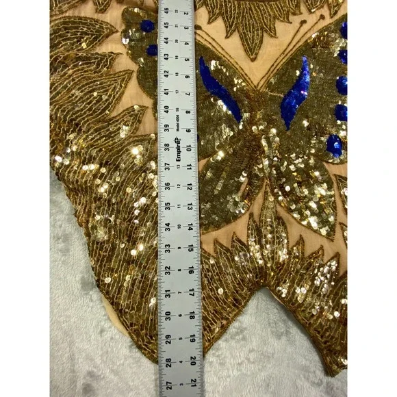 Silk Sequin Butterfly Top Womens Medium Gold Blue Embellished Festival Y2K Boho - Picture 5 of 8